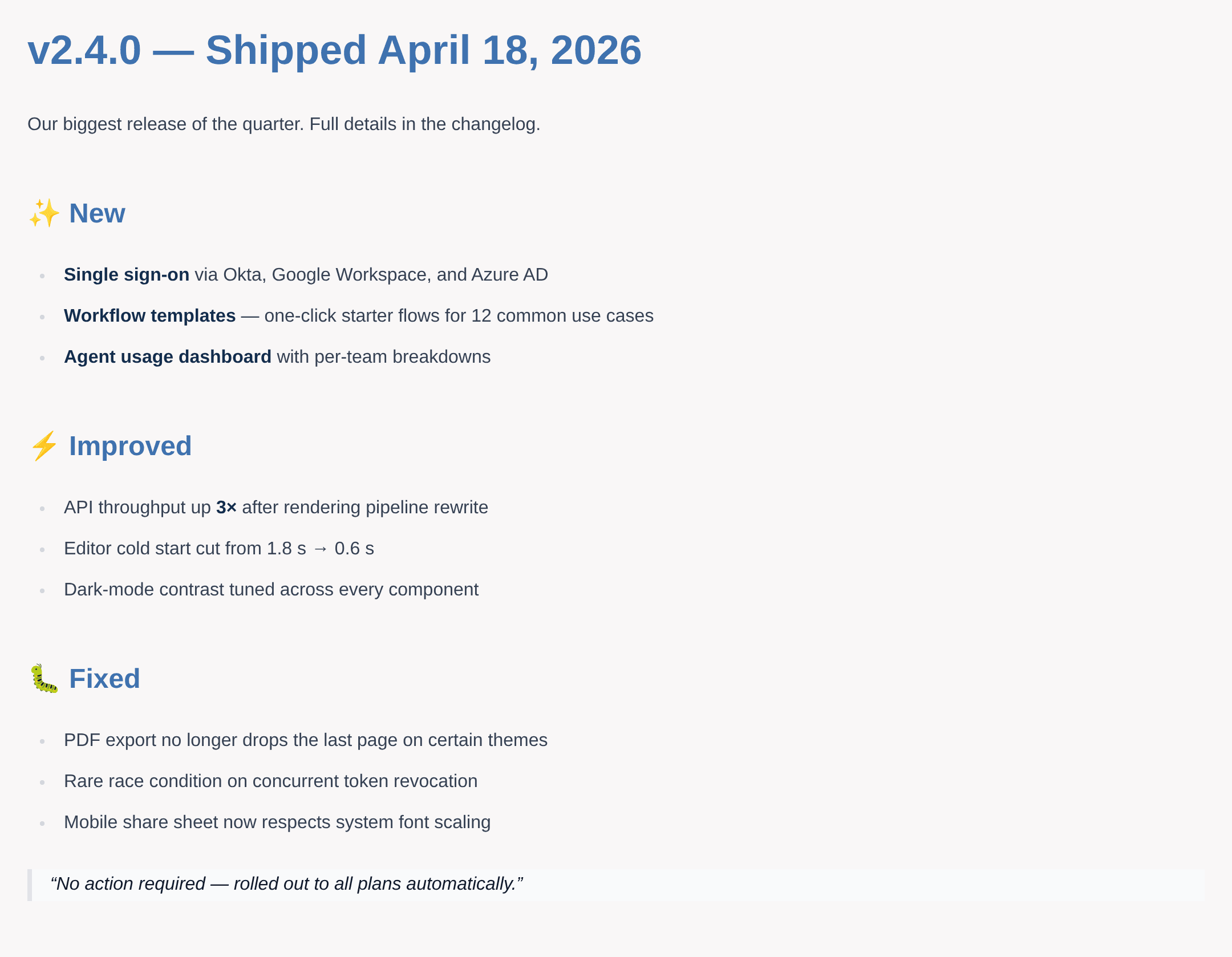 Tarjeta de changelog de release