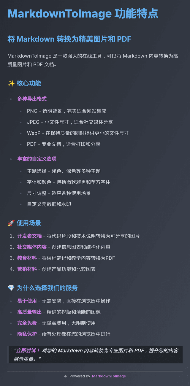 Markdown 转图片工具 | Markdown、代码与 README | MarkdownToImage